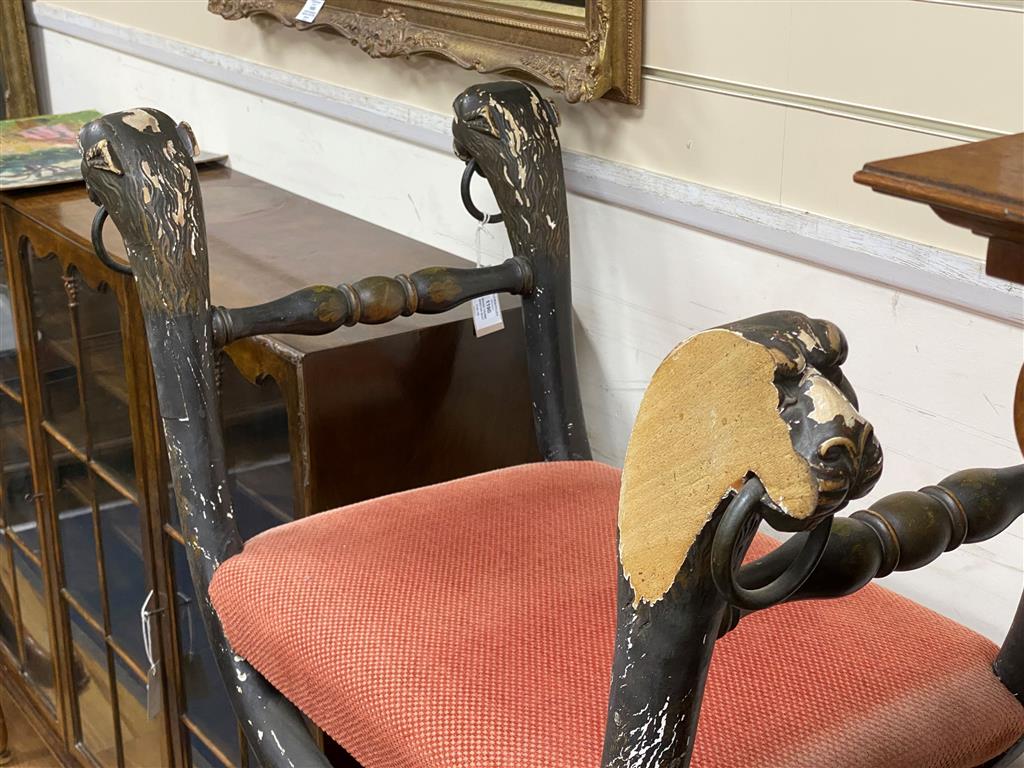 A Regency brass X frame dressing stool, from a design by Thomas Hope, width 88cm, depth 48cm, height 76cm